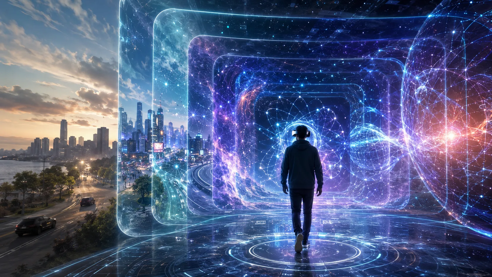 A VR journey through a holographic nexus switching between worlds