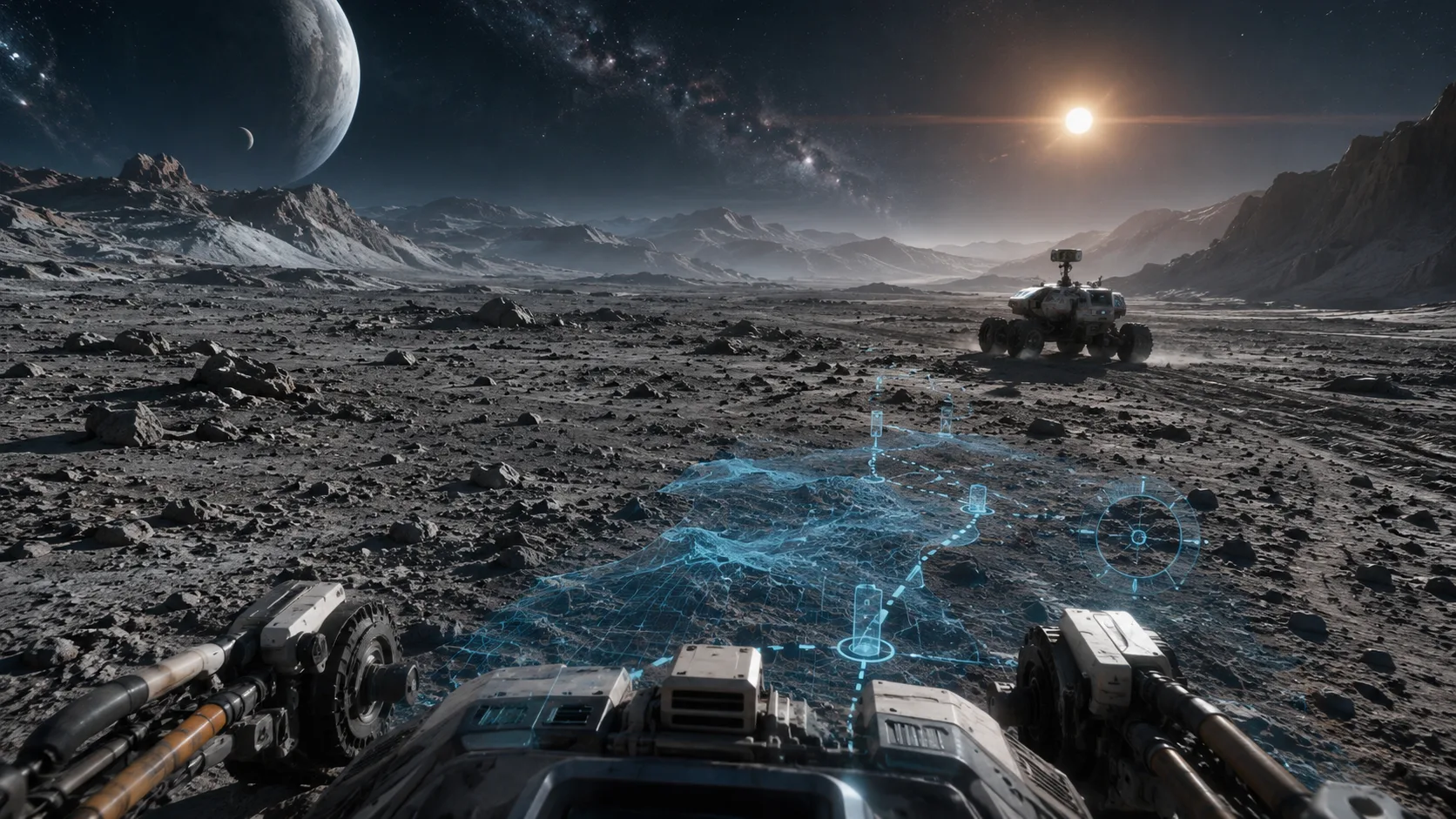 A holographic planetary rover traversing alien surface terrain