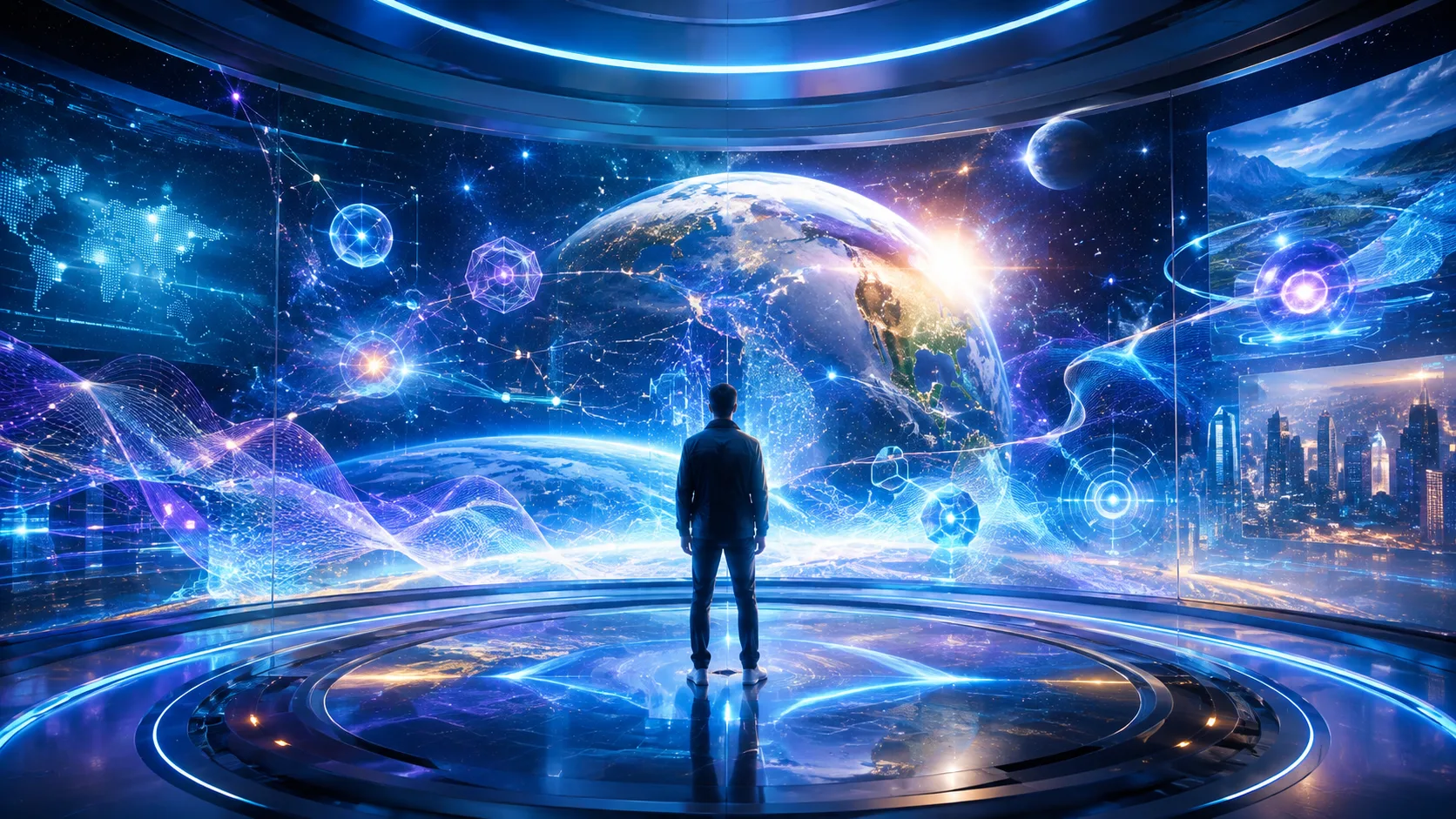 A lone observer over an Earth-scale holographic command center