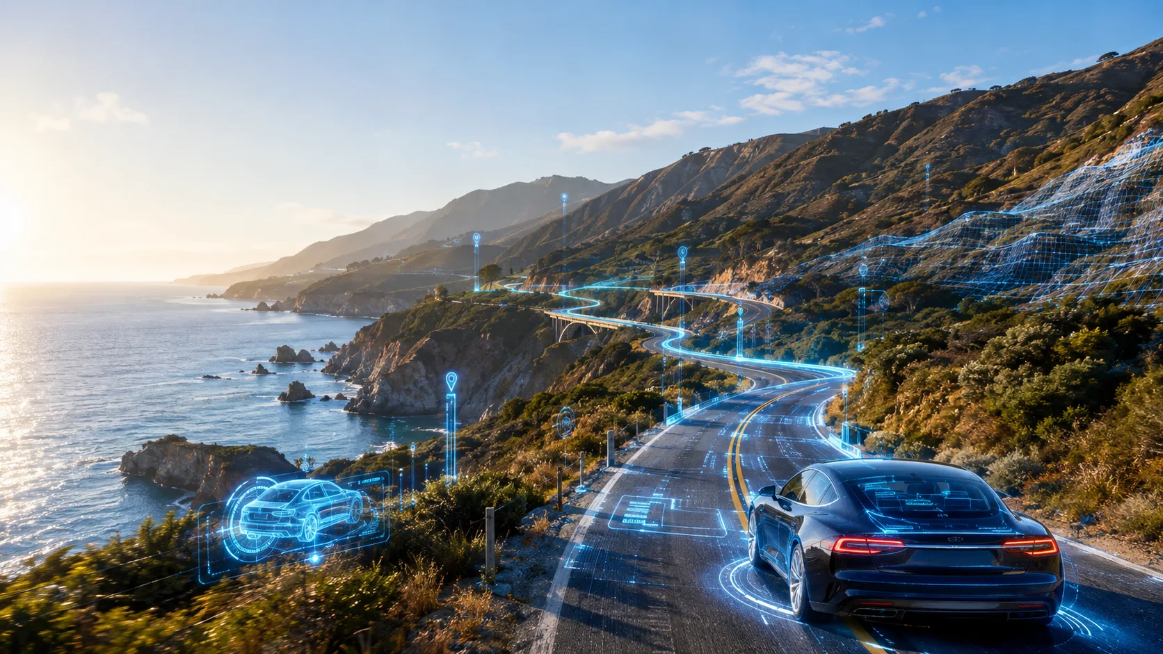 A reconstructed scenic coastal driving route rendered from panorama nodes