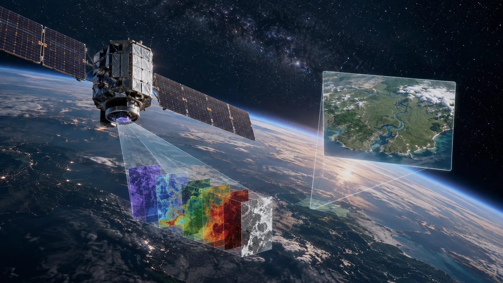 A satellite scanning Earth from orbit across multiple spectral bands