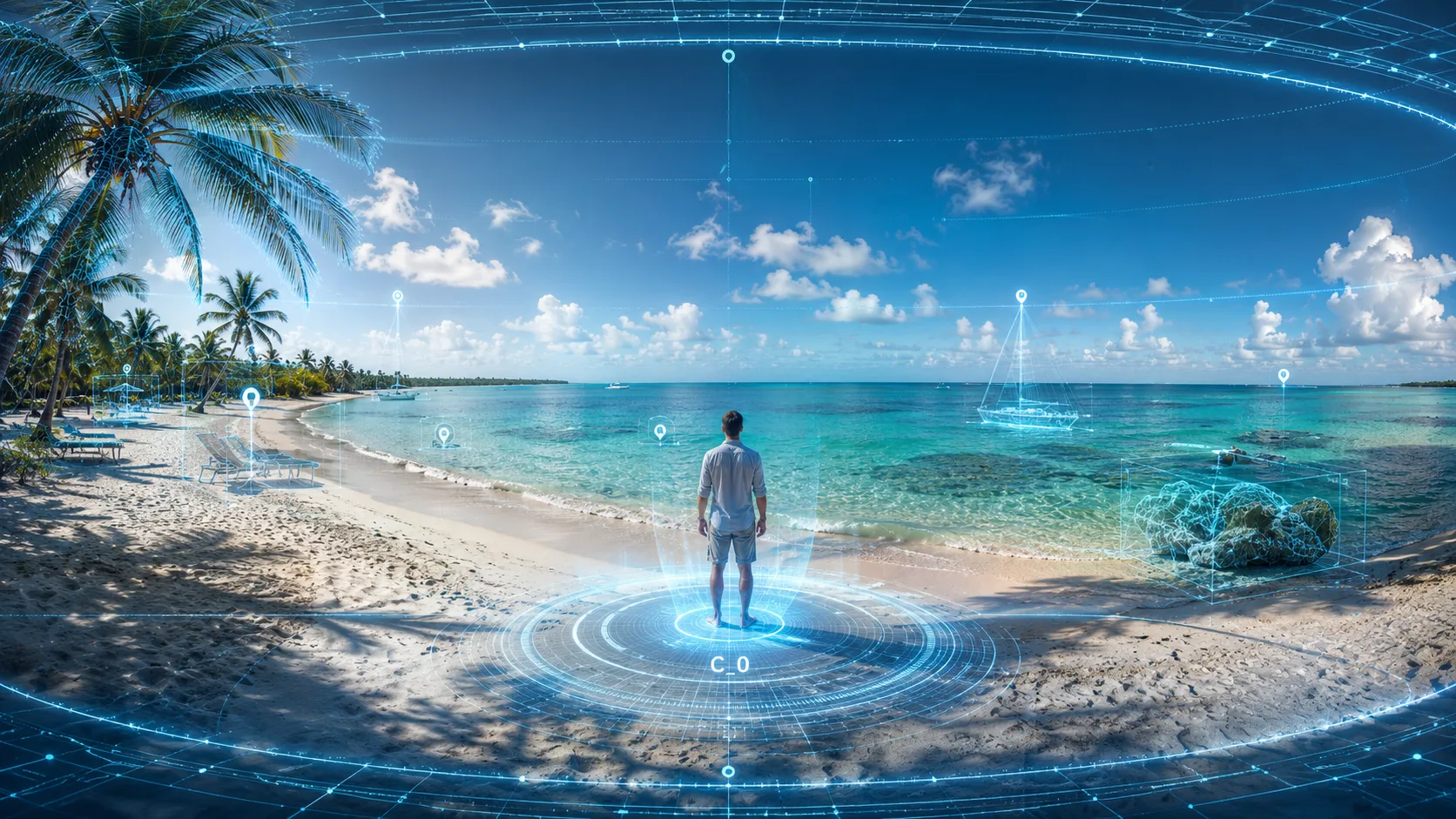 A holographic tropical scan of Seven Mile Beach as a world-entry point