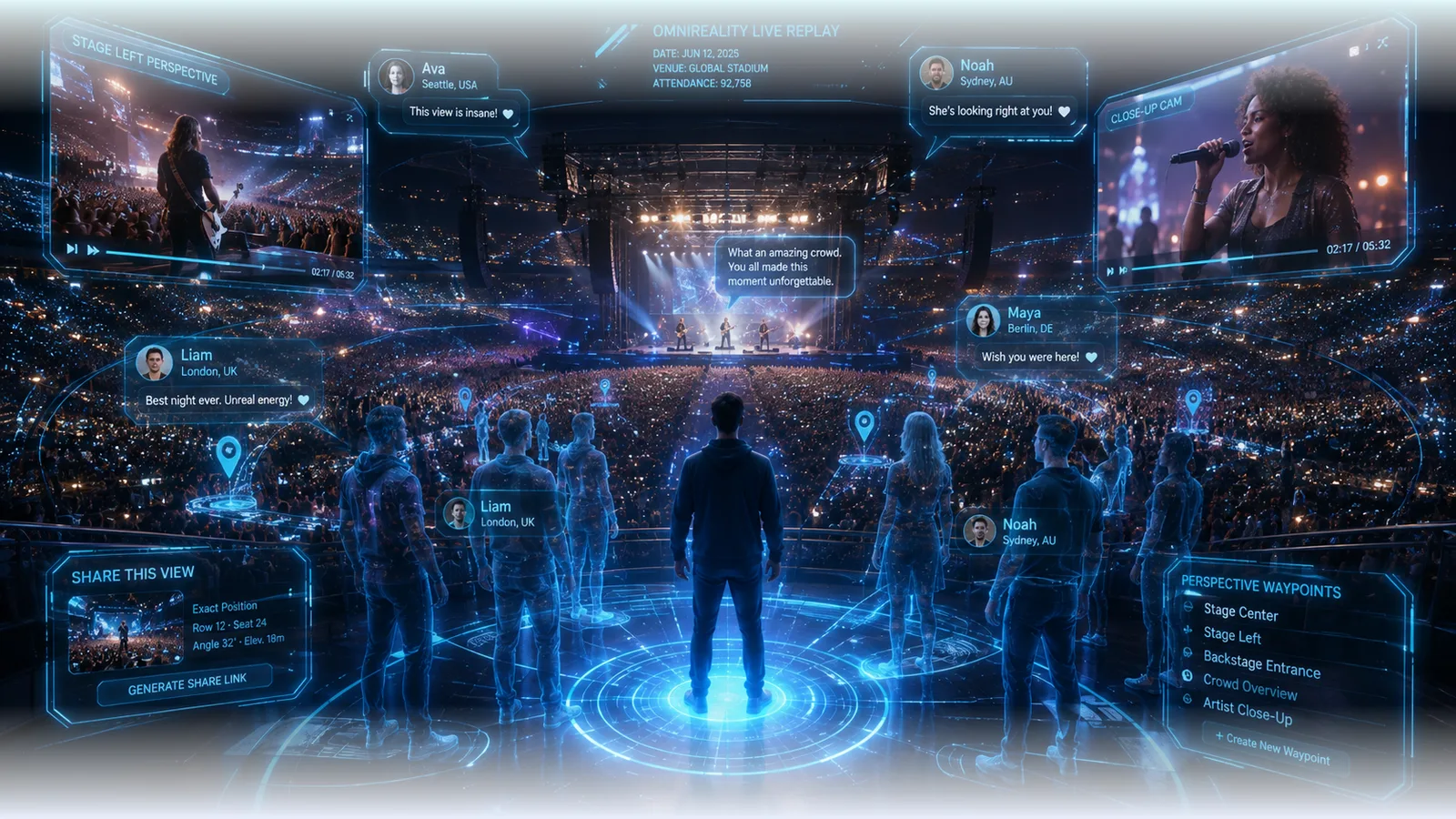 A concert stage viewed from multiple navigable crowd viewpoints