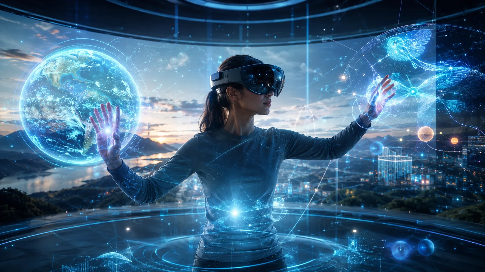 Augmented-reality perception overlays across a sunset horizon