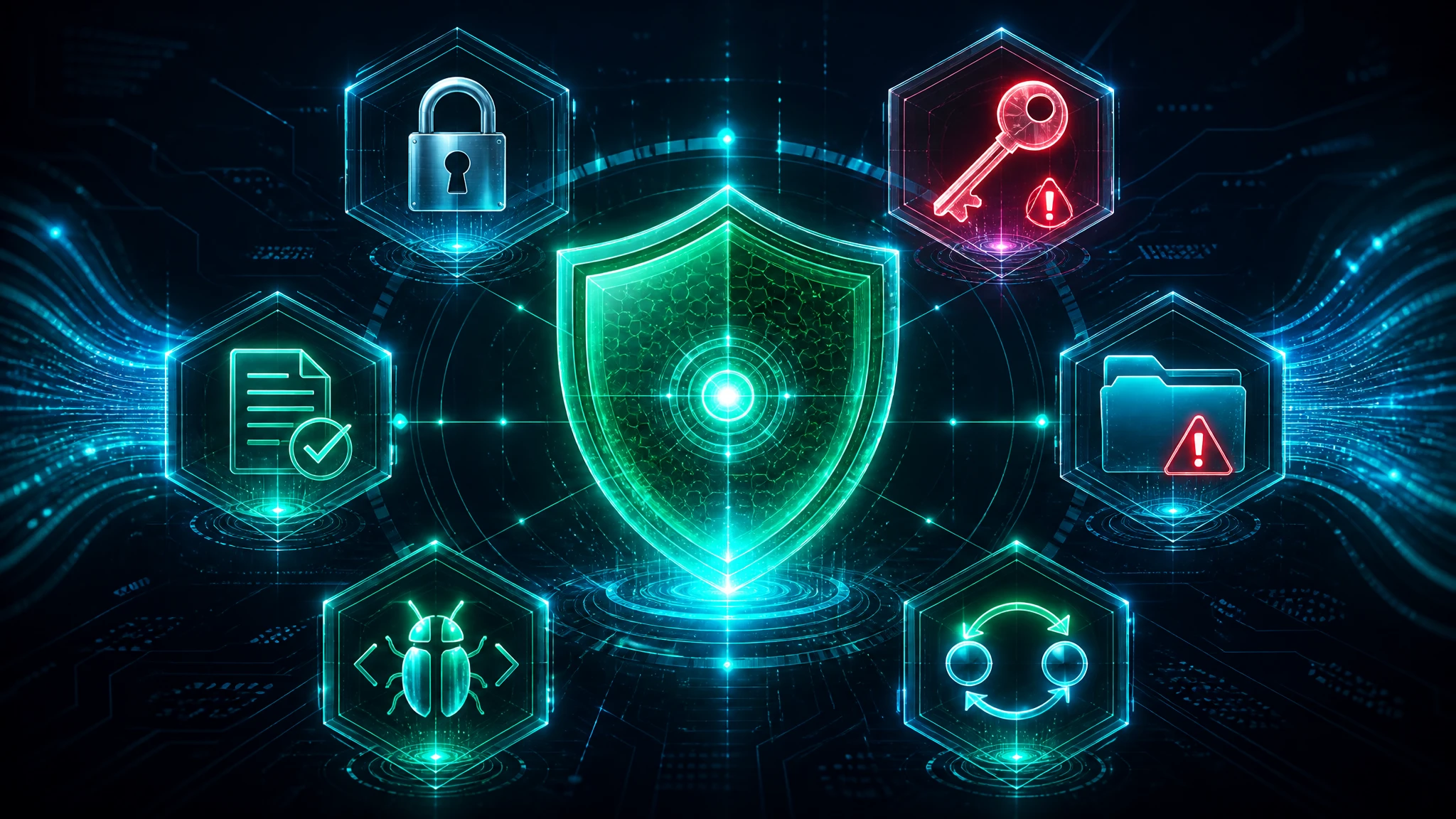 OWASP-mapped web security vulnerability audit visualization — central holographic shield surrounded by hexagonal panels for HTTPS/TLS, exposed secrets, sensitive paths, CORS, DOM-XSS supply chain, and CSP policy checks