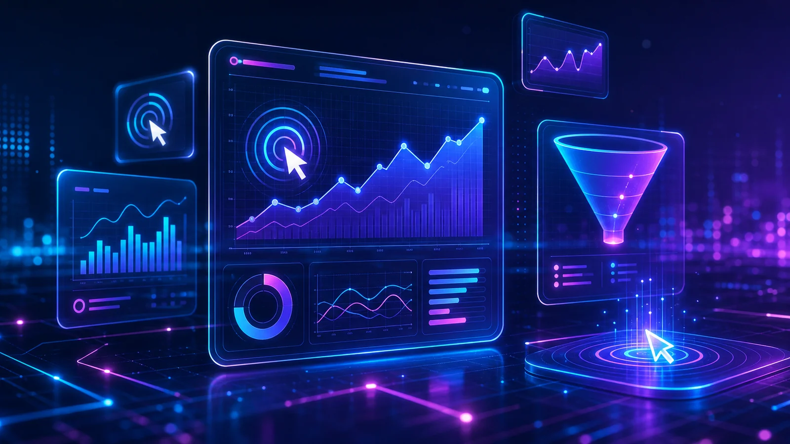Futuristic PPC advertising command center — bid optimization, click-through-rate analytics and conversion funnel dashboards