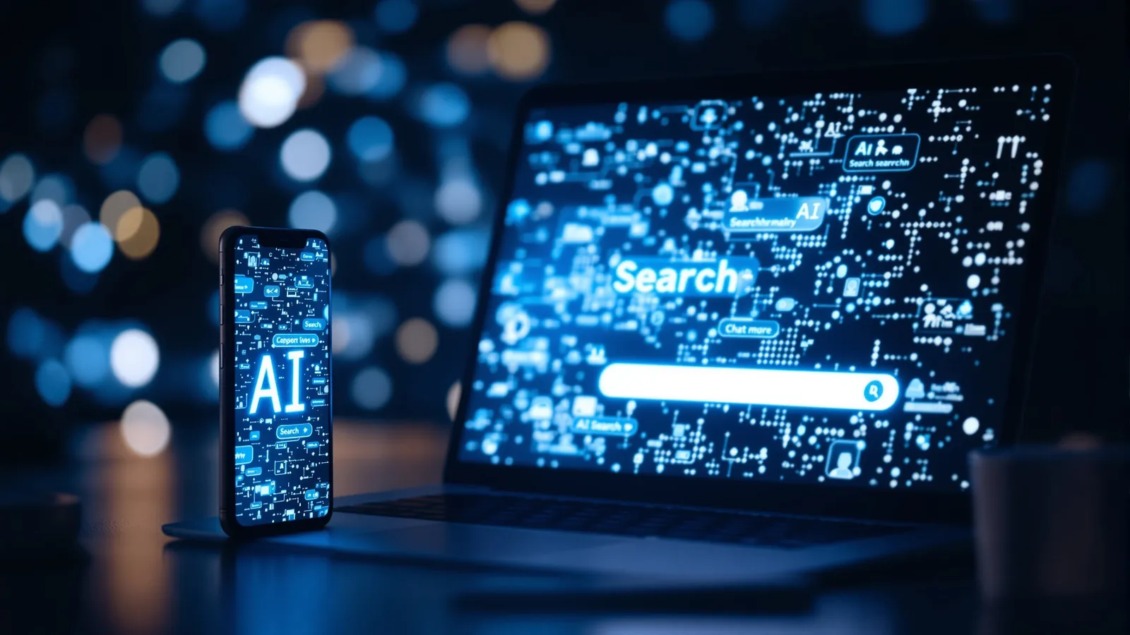 Laptop and smartphone screens glowing with abstract AI chat and search interfaces representing the presence layer of modern SEO