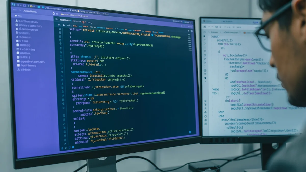 Schema markup and structured data JSON-LD implementation — developer workstation showing schema.org code for AEO