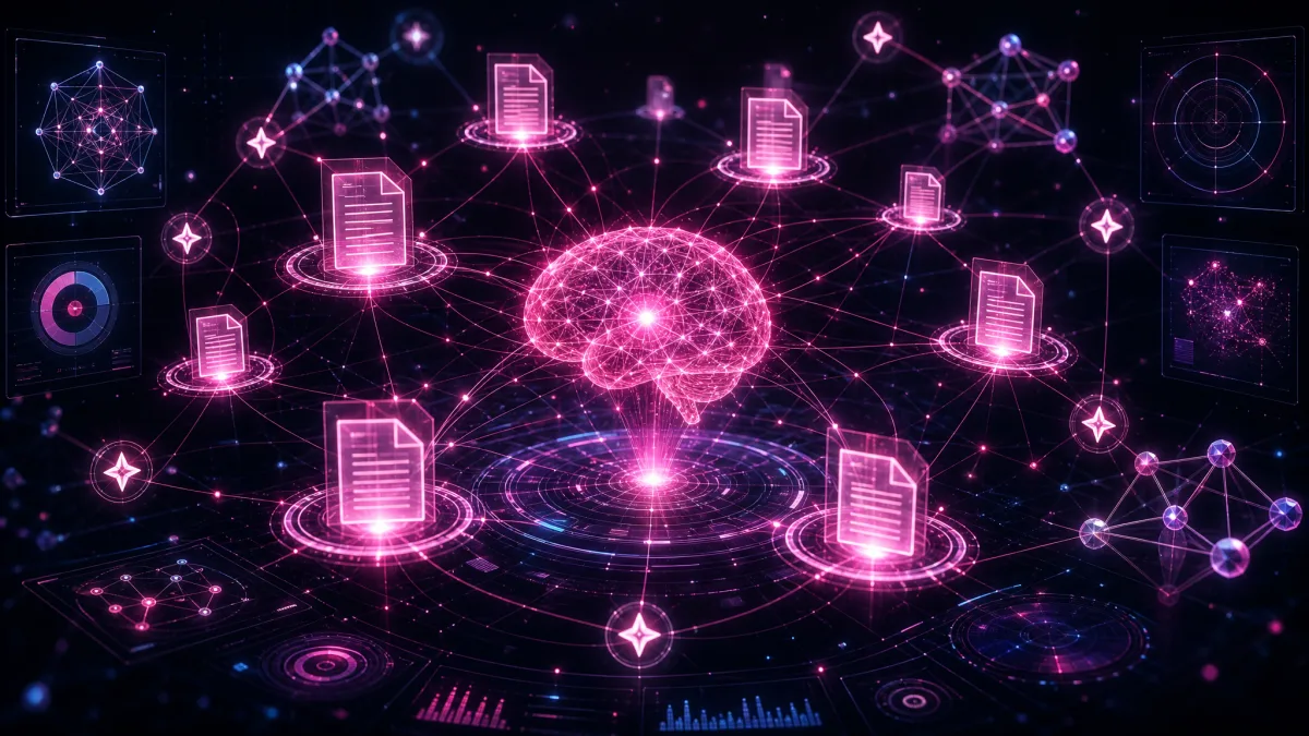 AI Optimization (AIO) content-quality visualization — holographic neural core linking document nodes, citation sparkles, and entity-knowledge triples that make a page valuable for AI model training and citation