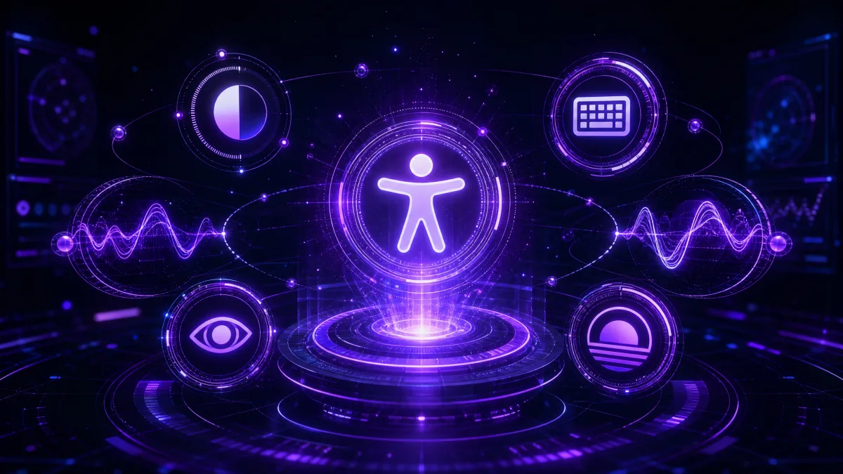 WCAG 2.2 deep compliance visualization — violet holographic accessibility hub with universal access symbol, contrast dials, keyboard focus rings, and motion-sensitivity waveforms for web content accessibility guidelines conformance