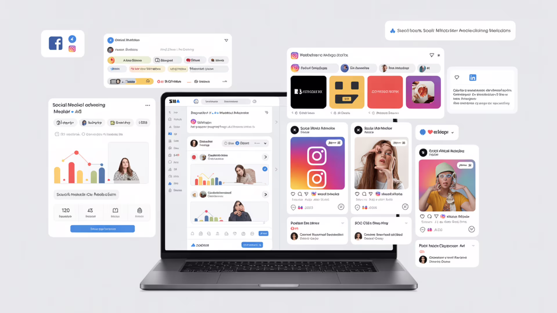 Social media advertising campaigns across Facebook, Instagram, LinkedIn, and TikTok showing audience targeting, creative assets, and campaign performance metrics