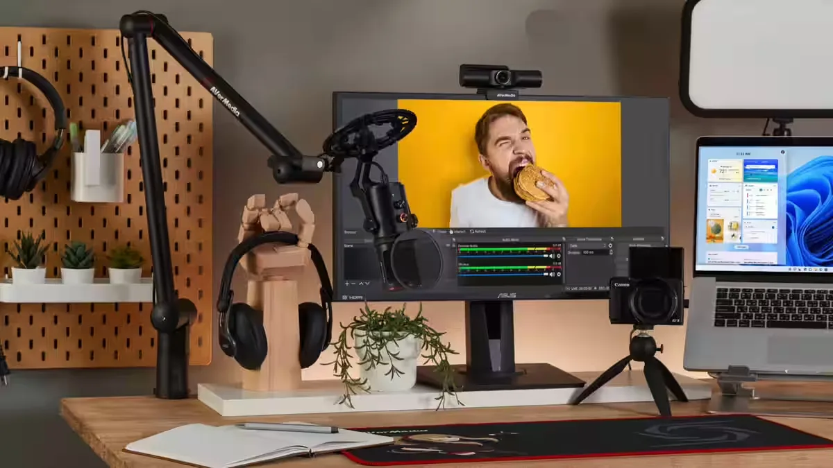 Creative content production workspace for social media with cameras and design tools