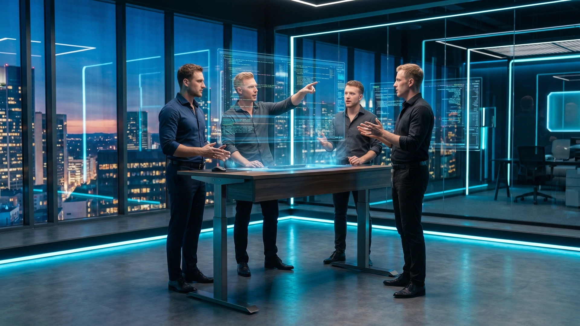 Young attractive team of programmers working in a futuristic high-tech office with holographic displays and cityscape views