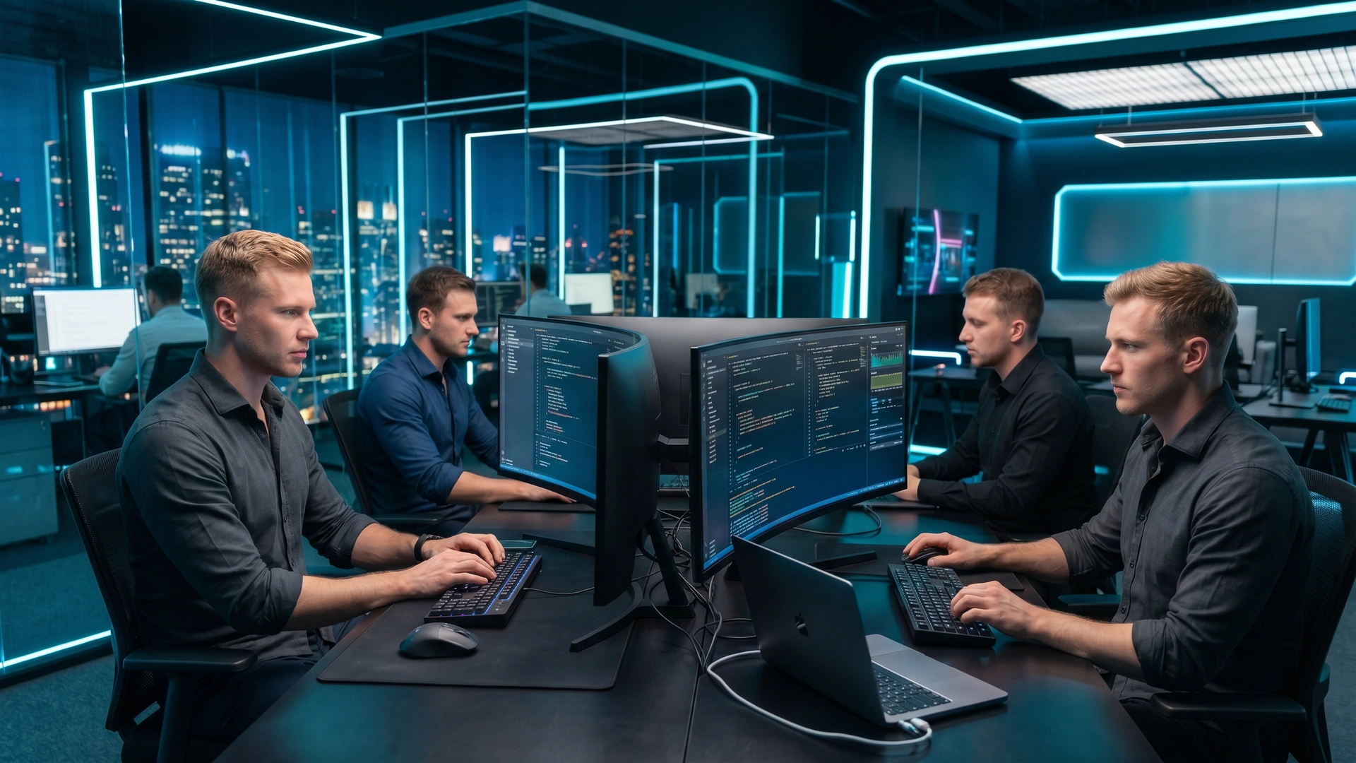Young attractive programmers at individual workstations with ultrawide monitors in a modern high-tech office