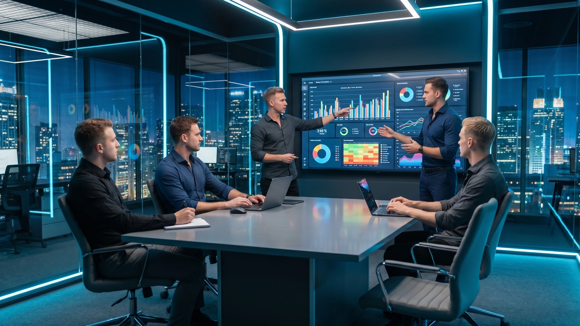 Young software developers collaborating in a futuristic neon-lit office with analytics dashboards — contact Digital Marketing Co. for a free consultation