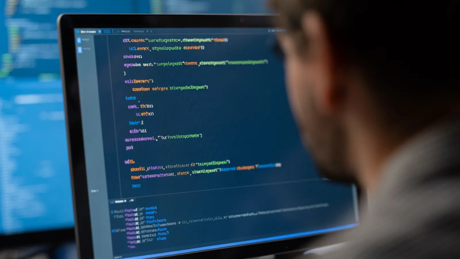 Developer screen showing clean source code with syntax highlighting representing technical SEO, schema.org markup, and AI crawler access