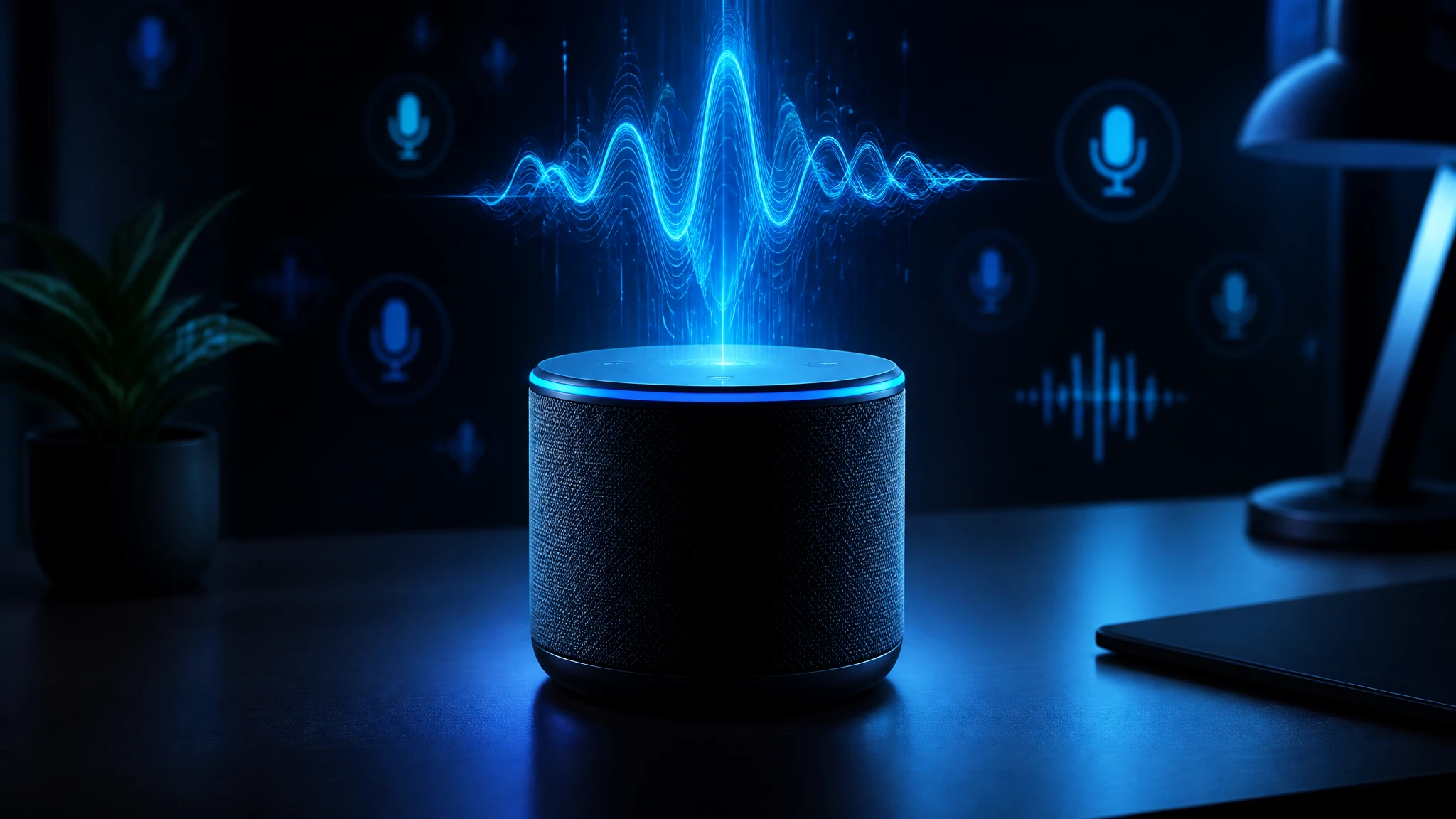 Optimización de búsqueda por voz e IA conversacional — altavoz inteligente leyendo respuestas en voz alta con ondas sonoras para AEO