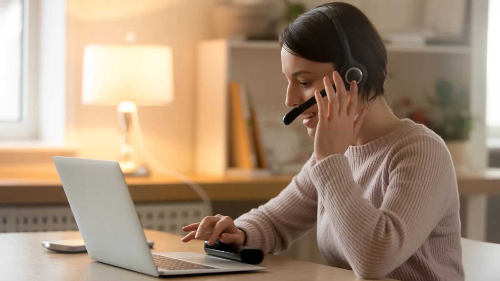 Person using assistive technology alongside a laptop in a warm workspace representing WCAG 2.2 accessibility compliance and inclusive design for people with disabilities