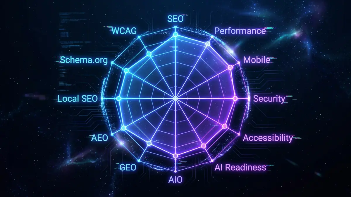 12-dimension optimization radar chart showing SEO, Performance, Mobile, Security, Accessibility, AI Readiness, AIO, GEO, AEO, Local SEO, Schema.org, and WCAG scores