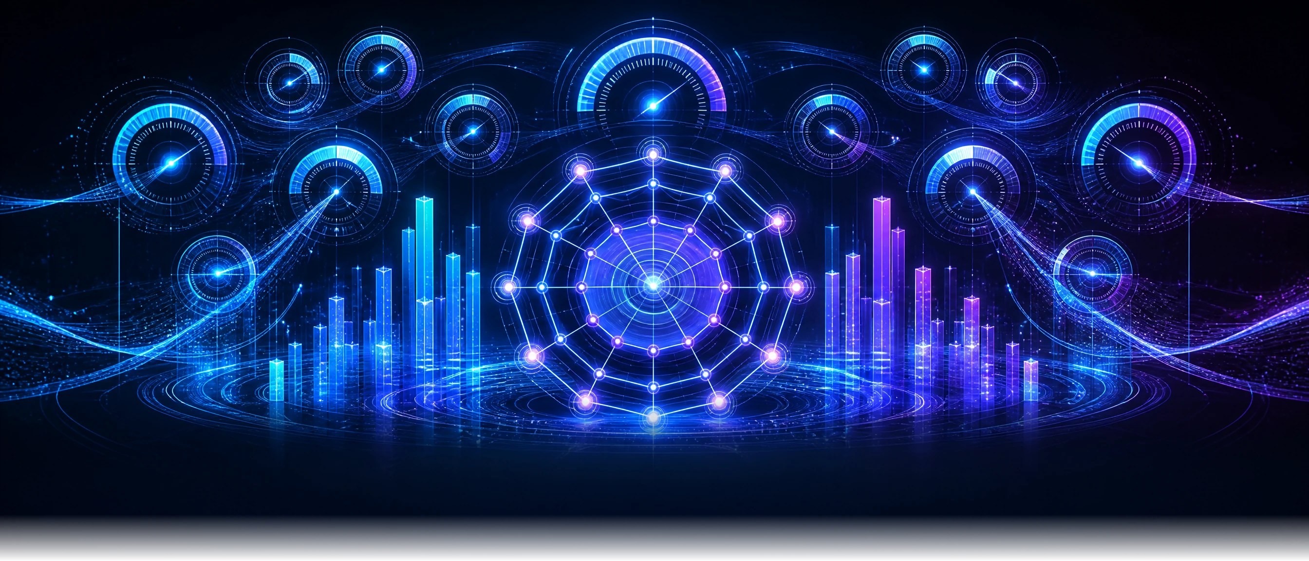 Website auditor scoring guide hero — futuristic twelve-dimension scoring algorithm visualization with radial spider chart, holographic percentage dials, and neon data streams