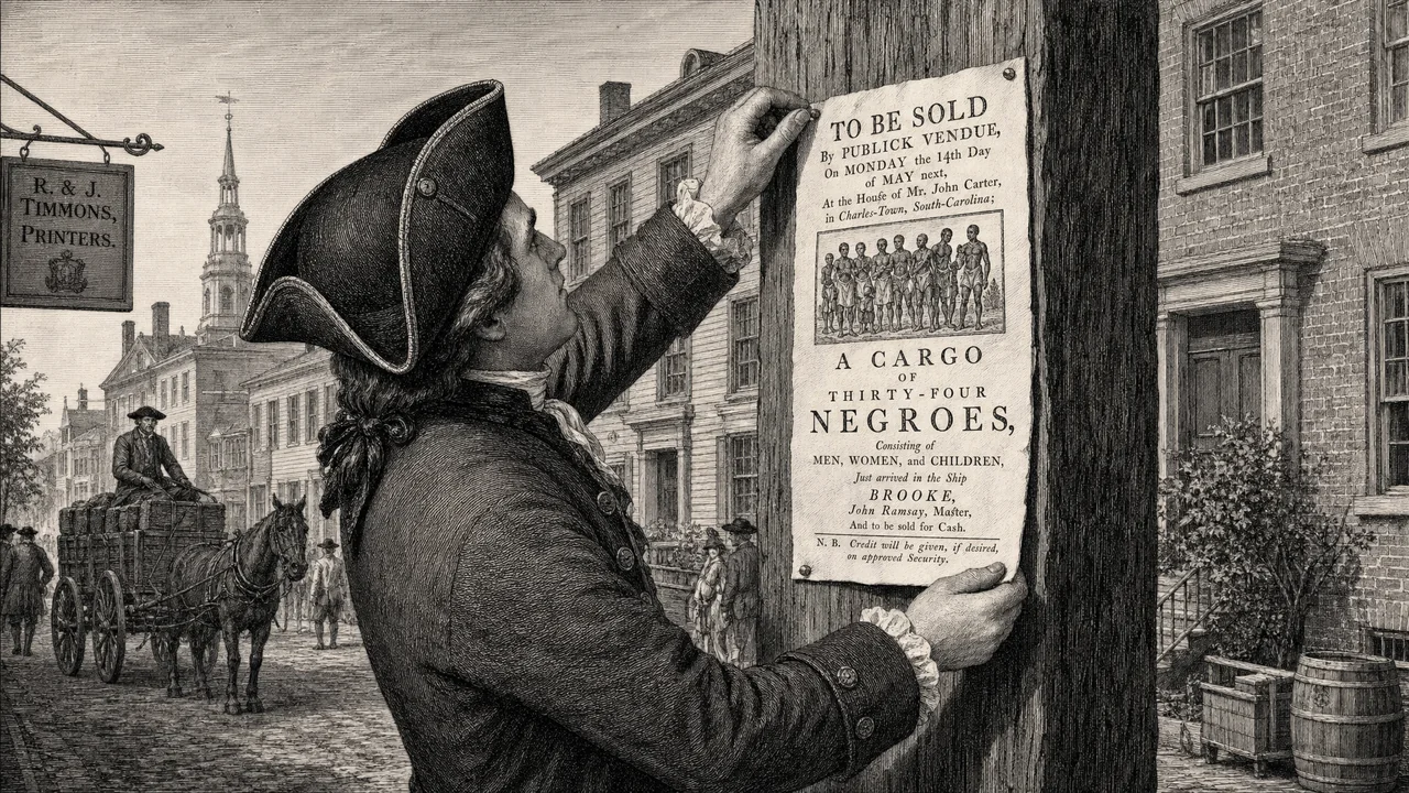 Broadsides, Handbills & Flyers — 1776: una representación de época de este método de marketing estadounidense.