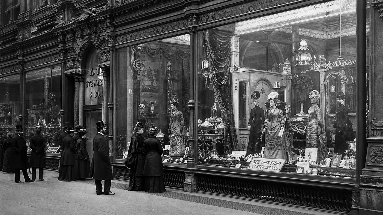Department Stores & Retail Display — 1861 – 1900: una representación de época de este método de marketing estadounidense.