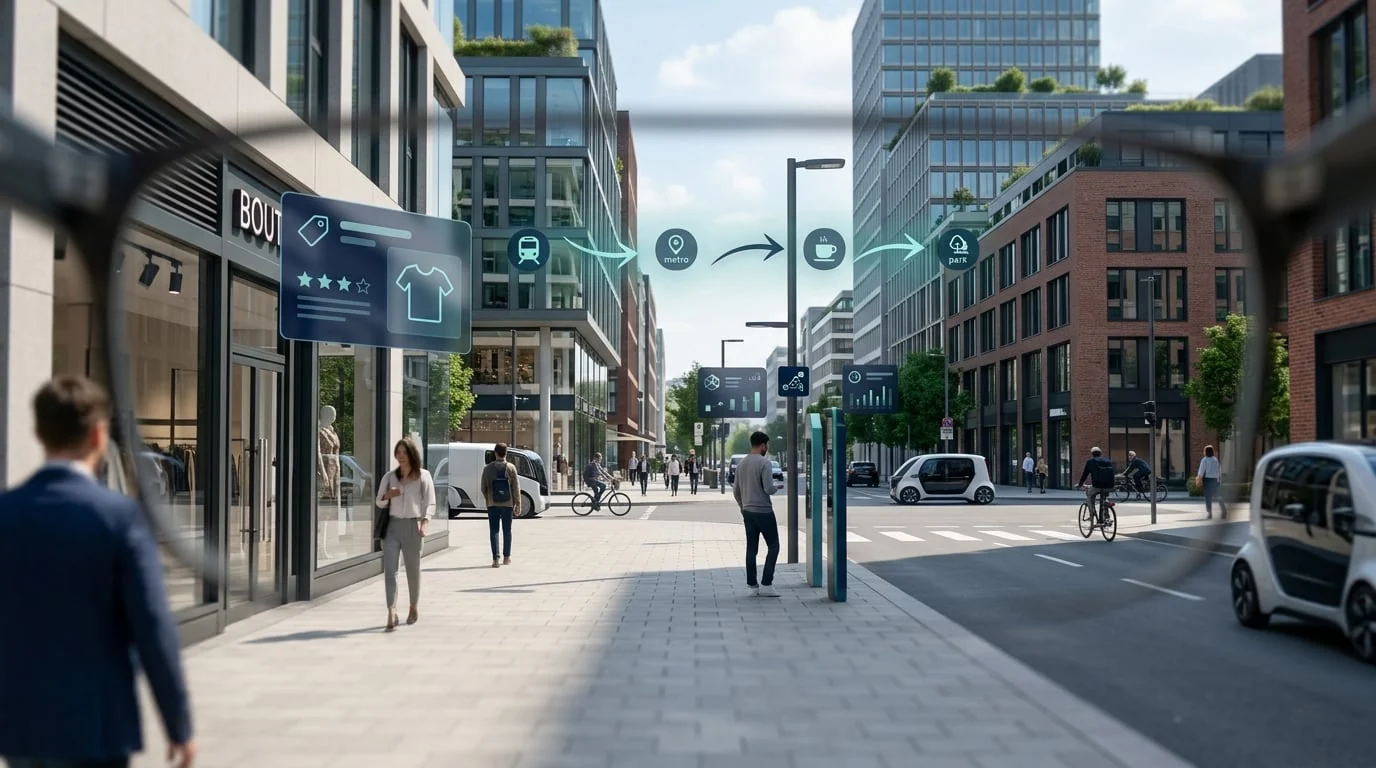 Spatial Computing & Everyday Augmented Reality — Present – 2100: a first-person view through lightweight AR glasses showing tasteful spatial product cards anchored to real storefronts.