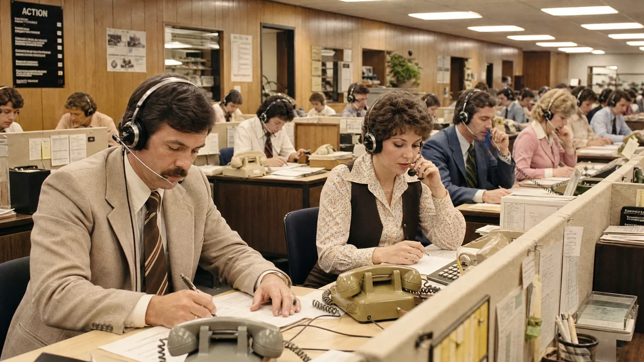 Telemarketing — 1970 – 1995: una representación de época de este método de marketing estadounidense.