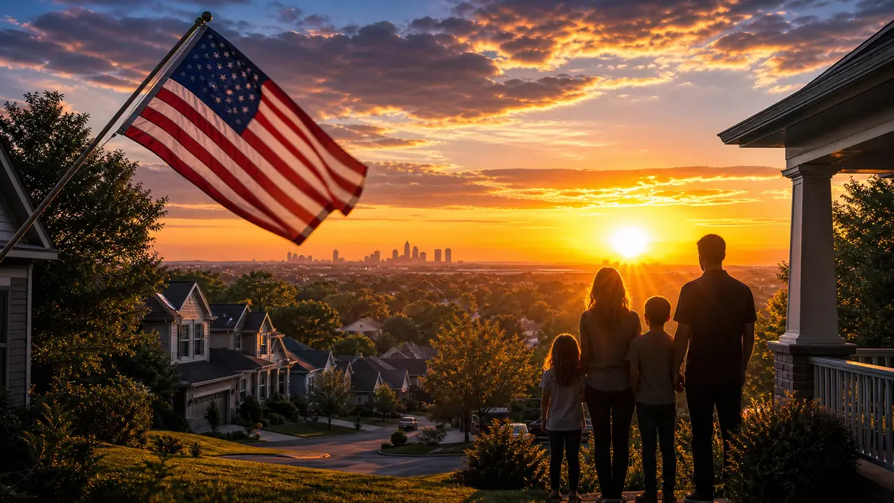 El Sueño Americano restaurado — amanecer sobre un vecindario estadounidense con la bandera de EE. UU.