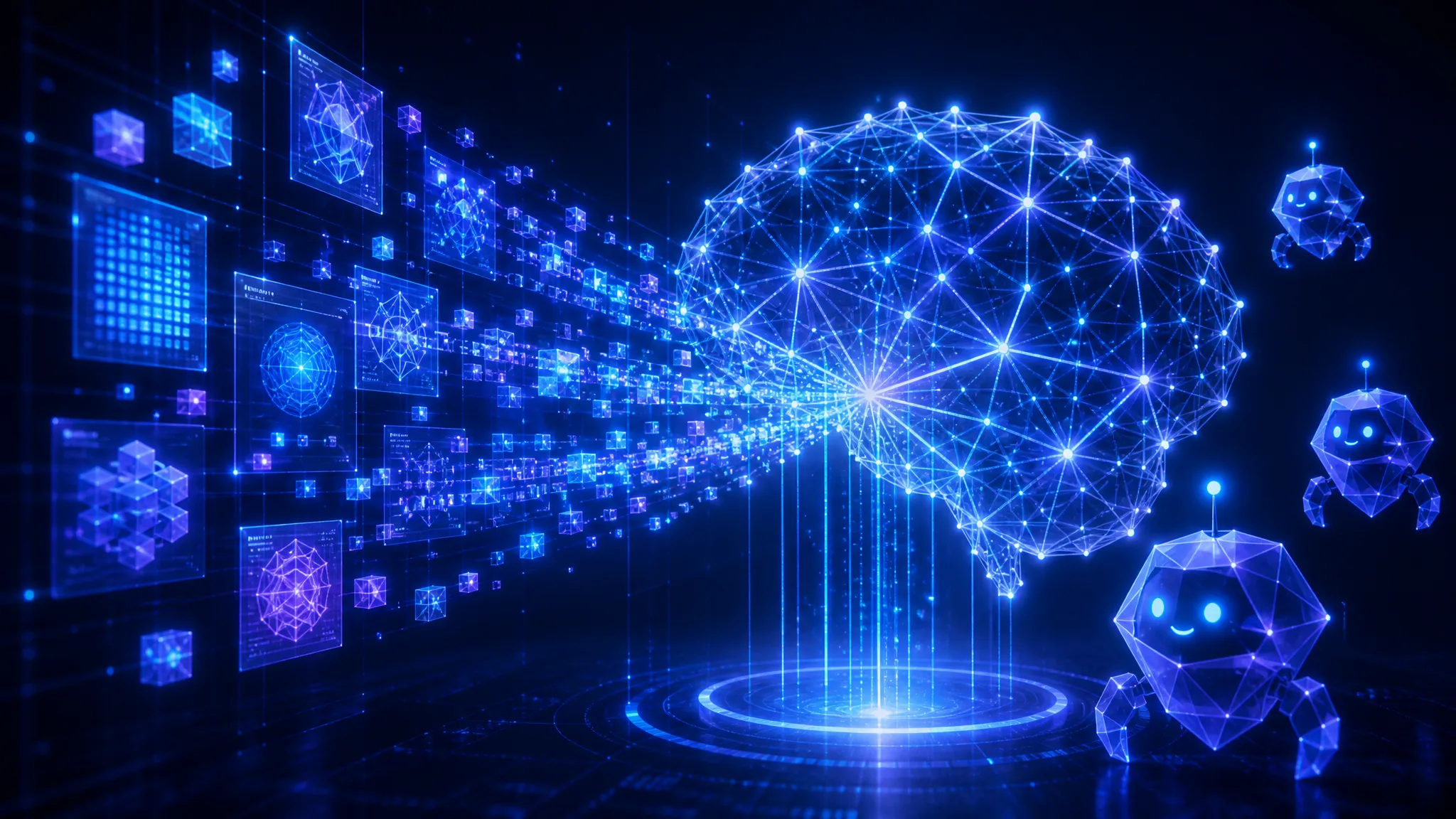 Red neuronal y bots rastreadores de IA leyendo contenido estructurado, que representan la preparación para GPTBot, ClaudeBot y llms.txt