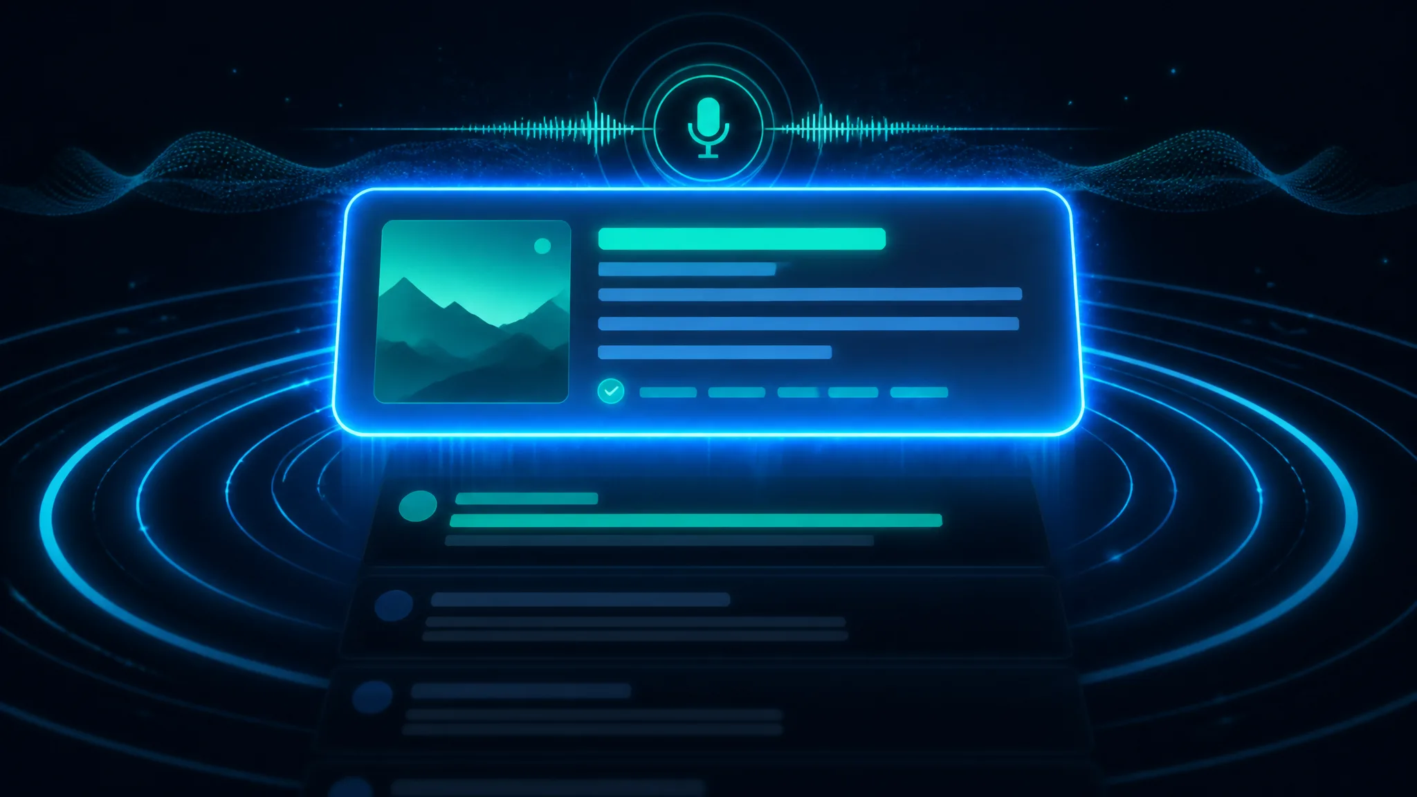 Ondas de sonido de asistente de voz y una caja de respuesta de fragmento destacado que representan la optimización para motores de respuesta