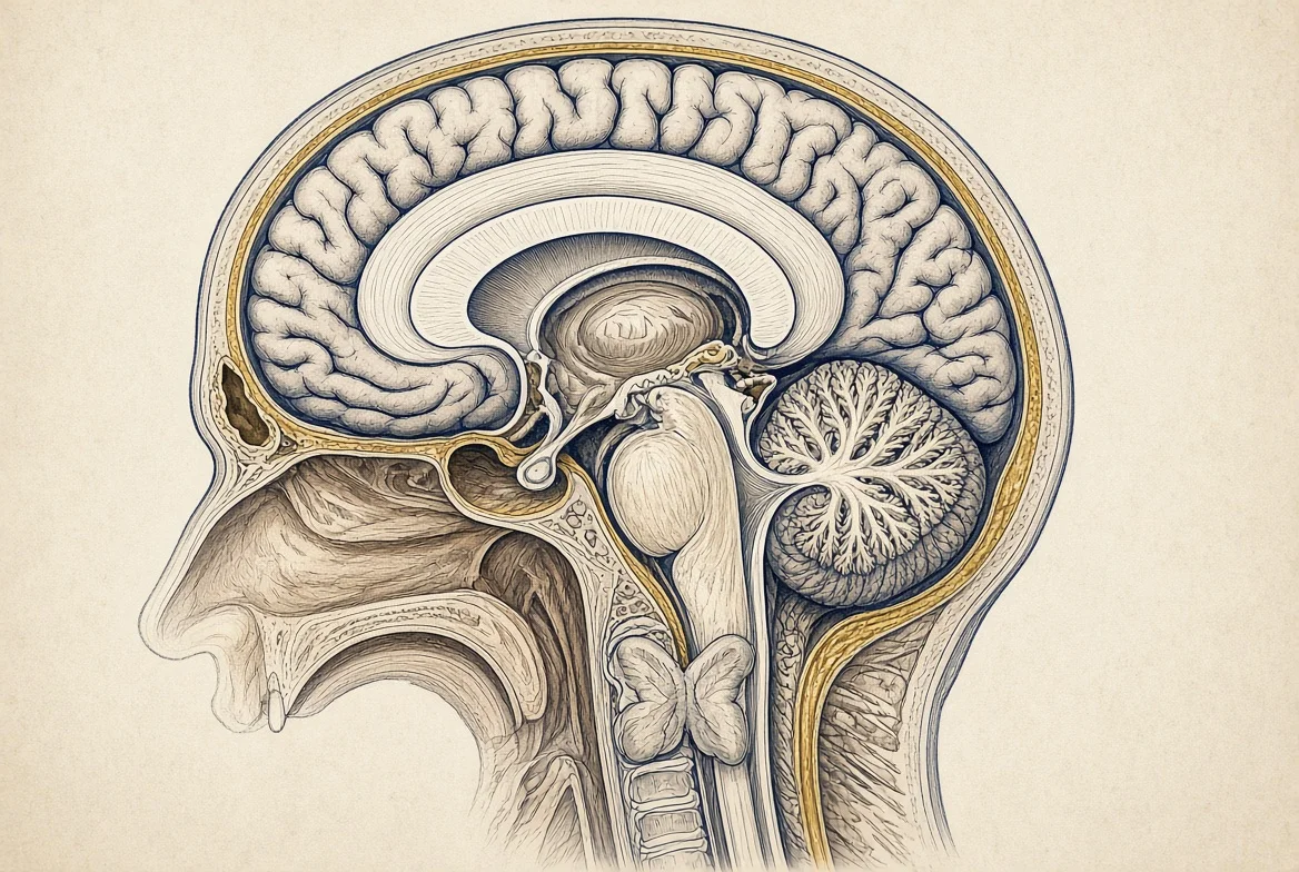 Ilustración de sección. Reconstrucción sagital media del cerebro, el tronco del encéfalo y la médula cervical. Modelo generado, no una exploración de un paciente nombrado.