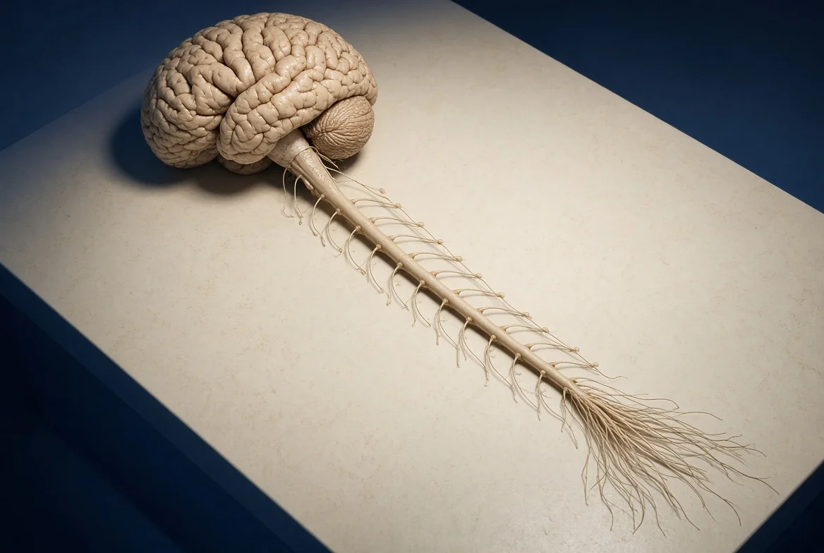 Ilustración de sección. Cerebro, médula y cola de caballo aislados. Modelo generado.