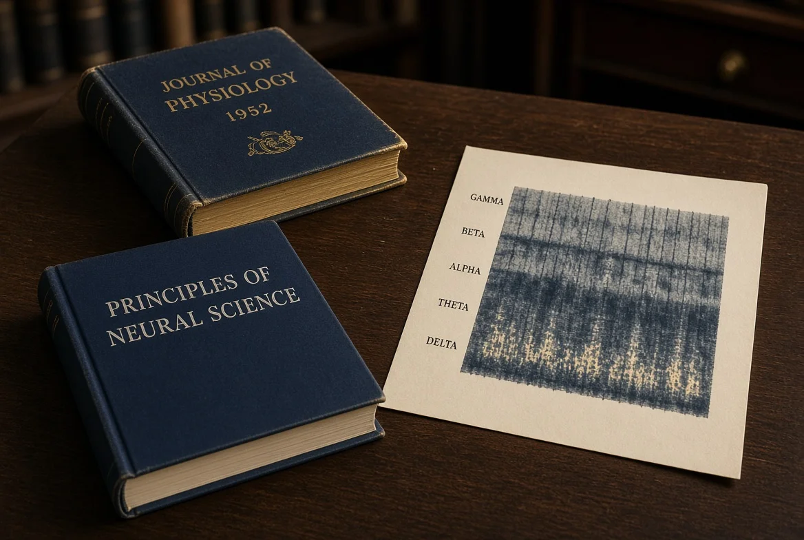 Ilustración de sección. Volumen encuadernado del Journal of Physiology de 1952 y un espectrograma de bandas EEG impreso. Modelo generado.