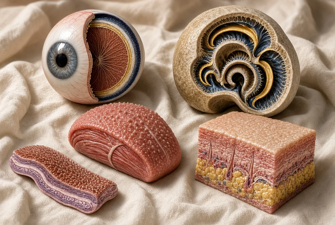 Ilustración de sección. Ojo, cóclea, lengua, lámina olfatoria y bloque de piel. Modelo generado.