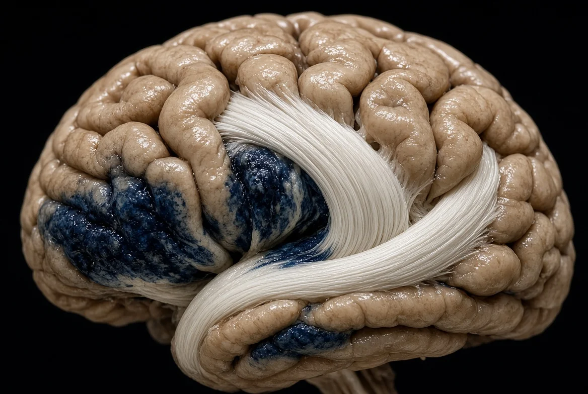 Ilustración de sección. Circunvolución temporal superior, circunvolución frontal inferior y fascículo arqueado. Modelo generado.