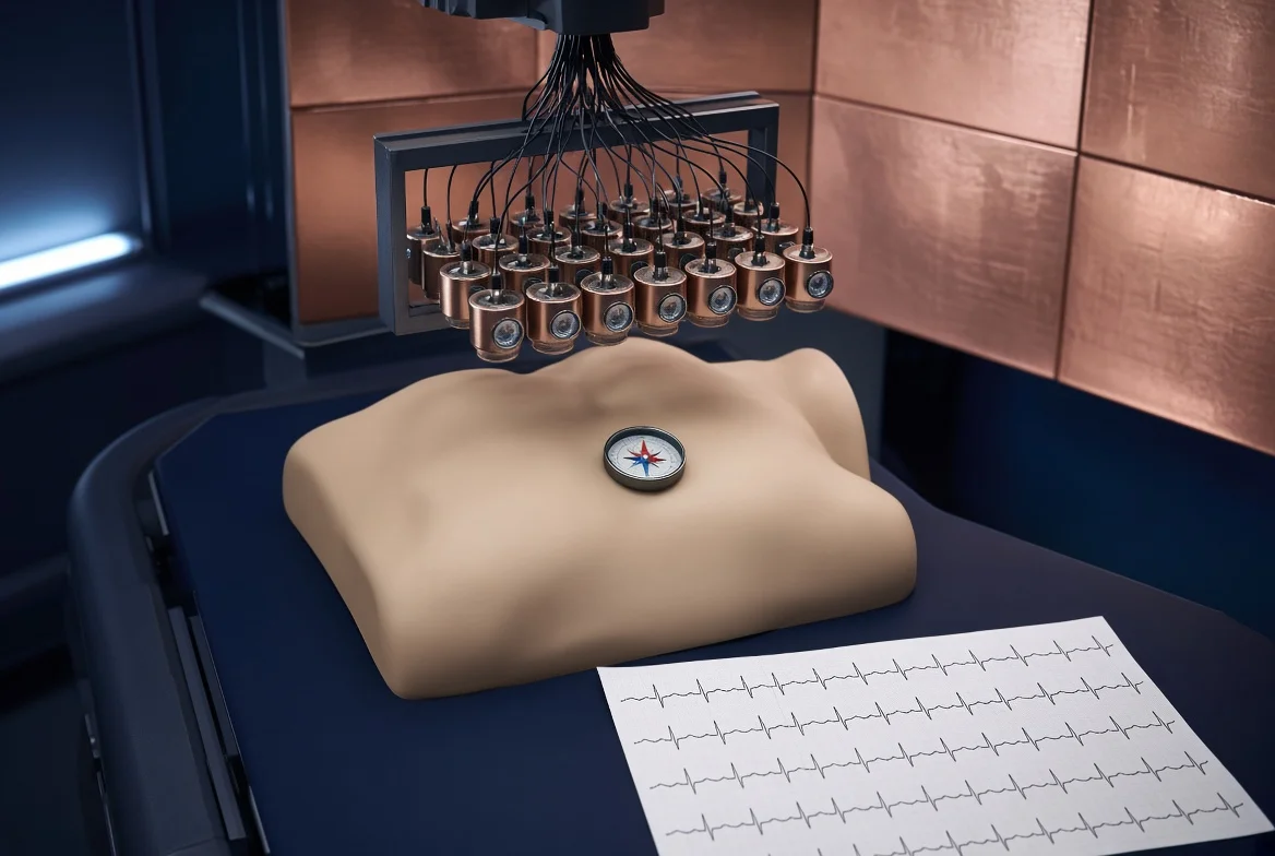 Ilustración de sección. Matriz de magnetocardiografía sobre un maniquí de torso. Modelo generado.