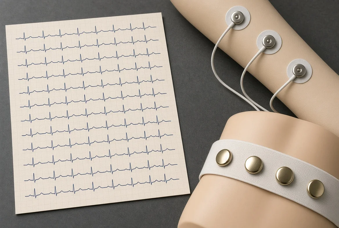 Ilustración de sección. Papel ECG, electrodos EMG de superficie, cinturón gástrico. Modelo generado.