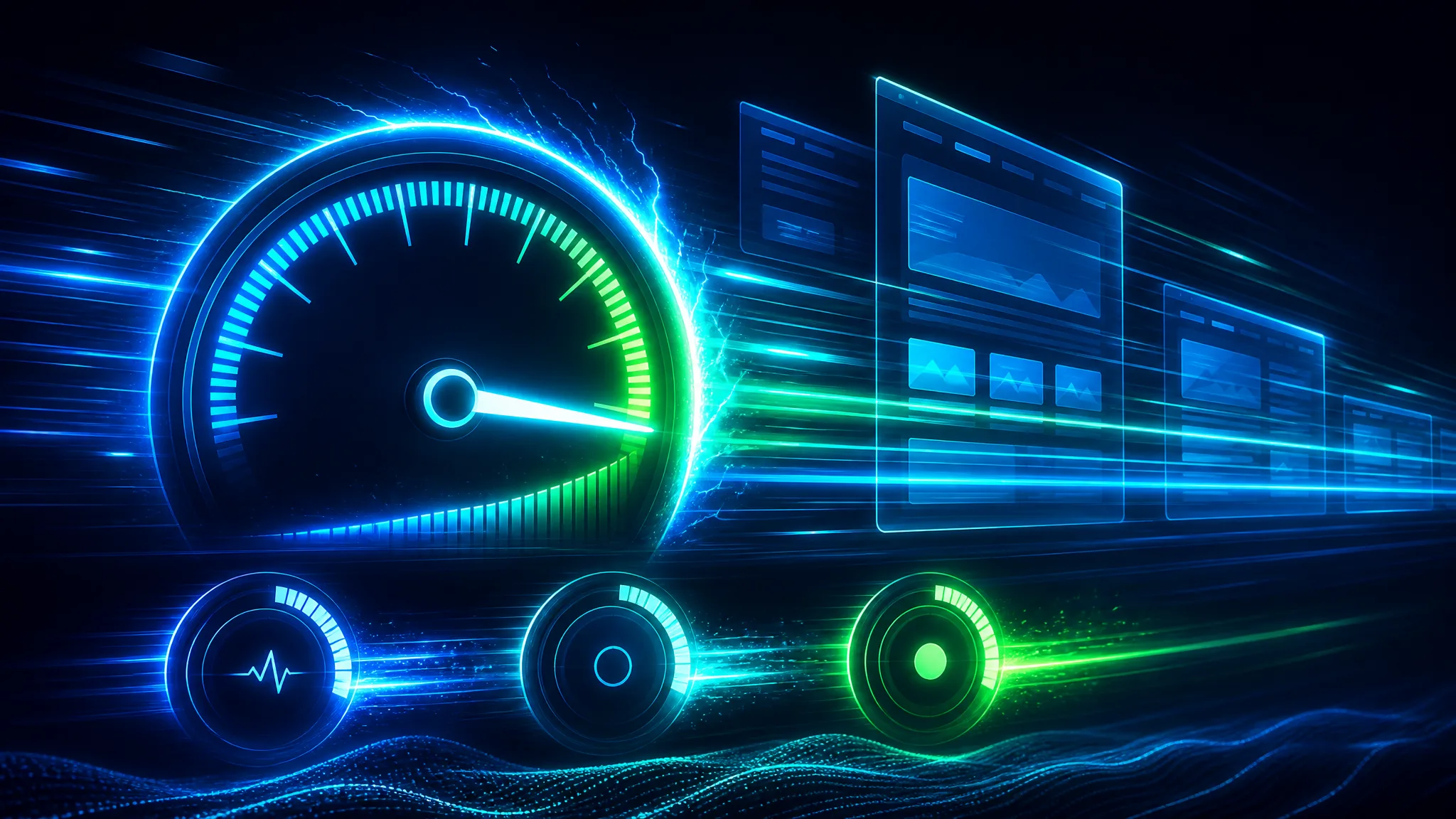 Panel de rendimiento holográfico que muestra los medidores de velocidad Core Web Vitals LCP, INP y CLS