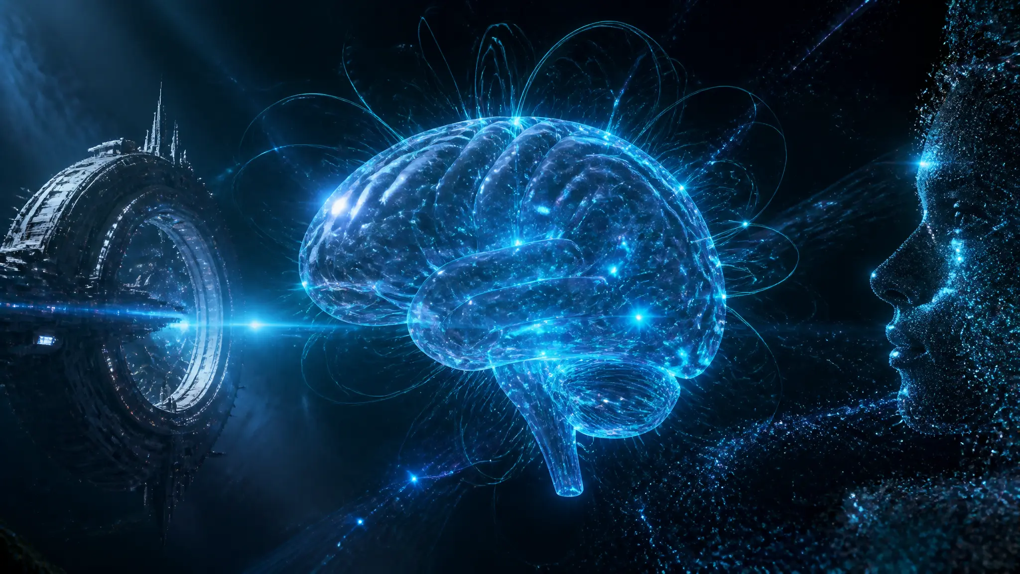 Cerebro humano cristalino suspendido en el espacio profundo atravesado por ondas electromagnéticas cian, que representa la investigación sobre campos electromagnéticos y conciencia