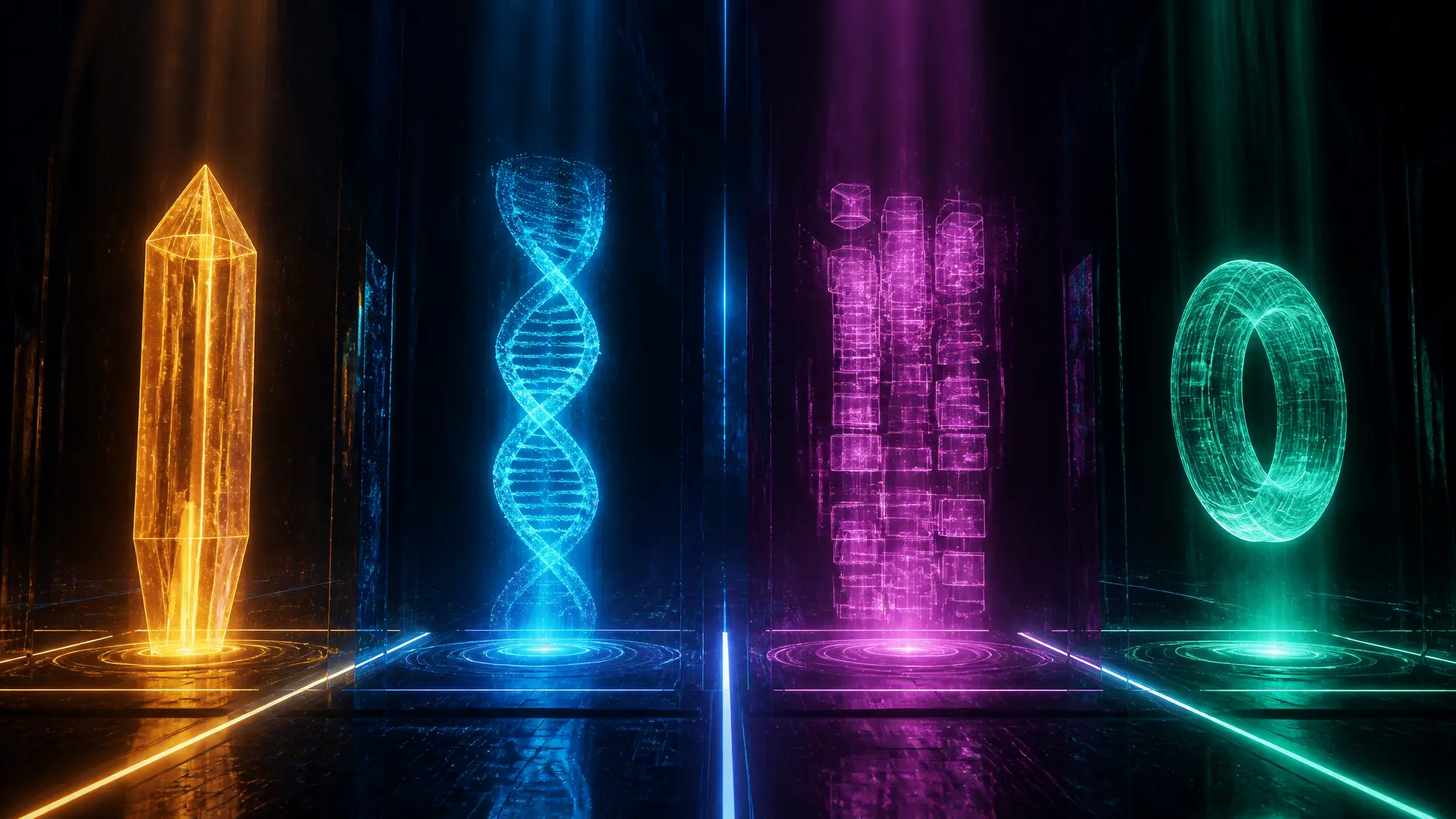 Cuatro monolitos holográficos que representan modulación de estado, inducción de percepto, sesgo de acción y manipulación cognitiva específica de contenido