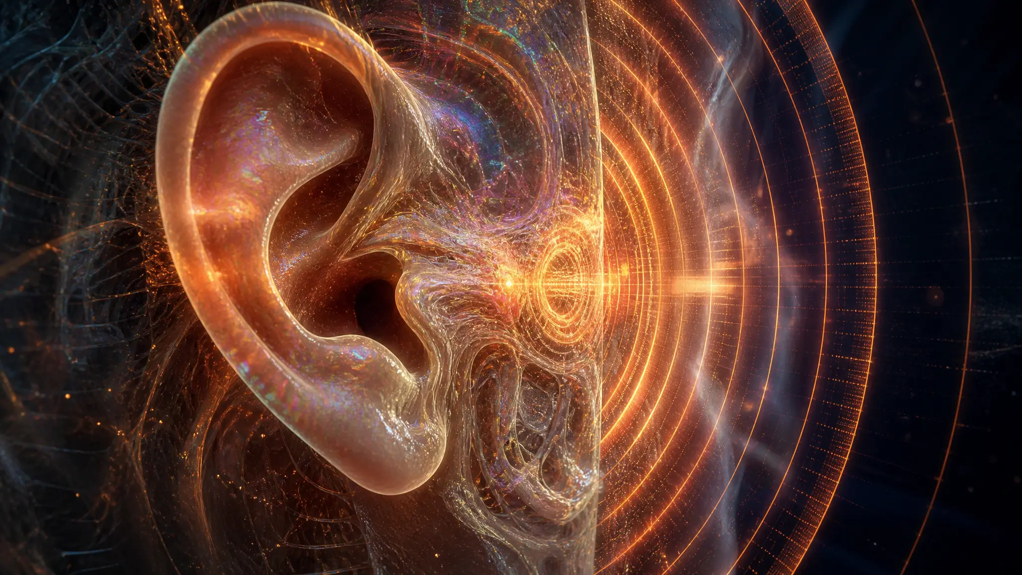 Vista macro de un oído humano alcanzado por frentes de onda de radiofrecuencia ámbar, que ilustra el efecto auditivo por microondas o efecto Frey
