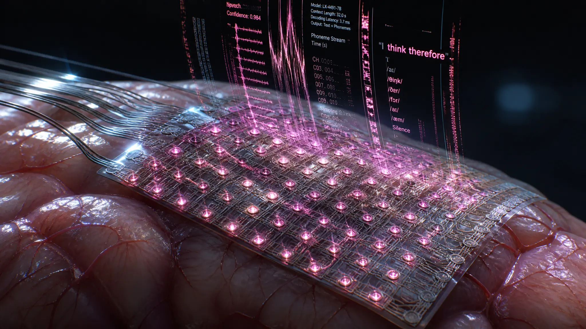 Matriz de microelectrodos asentada sobre la corteza con trazas magenta de decodificación del habla, que representa una neuroprótesis del habla invasiva
