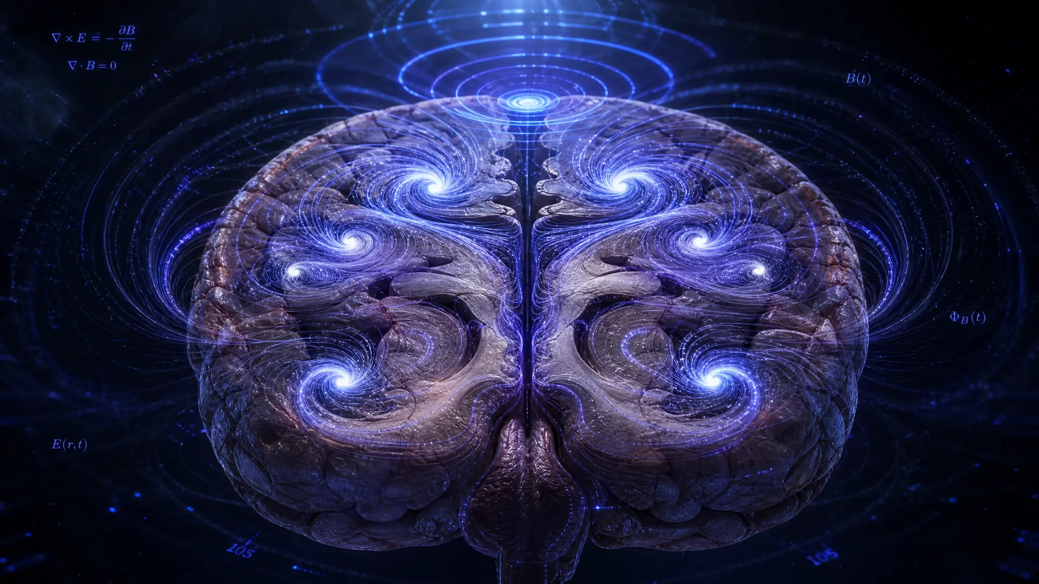 Sección transversal de un cerebro con vórtices de campo índigo que ilustran la inducción de Maxwell–Faraday en tejido neural