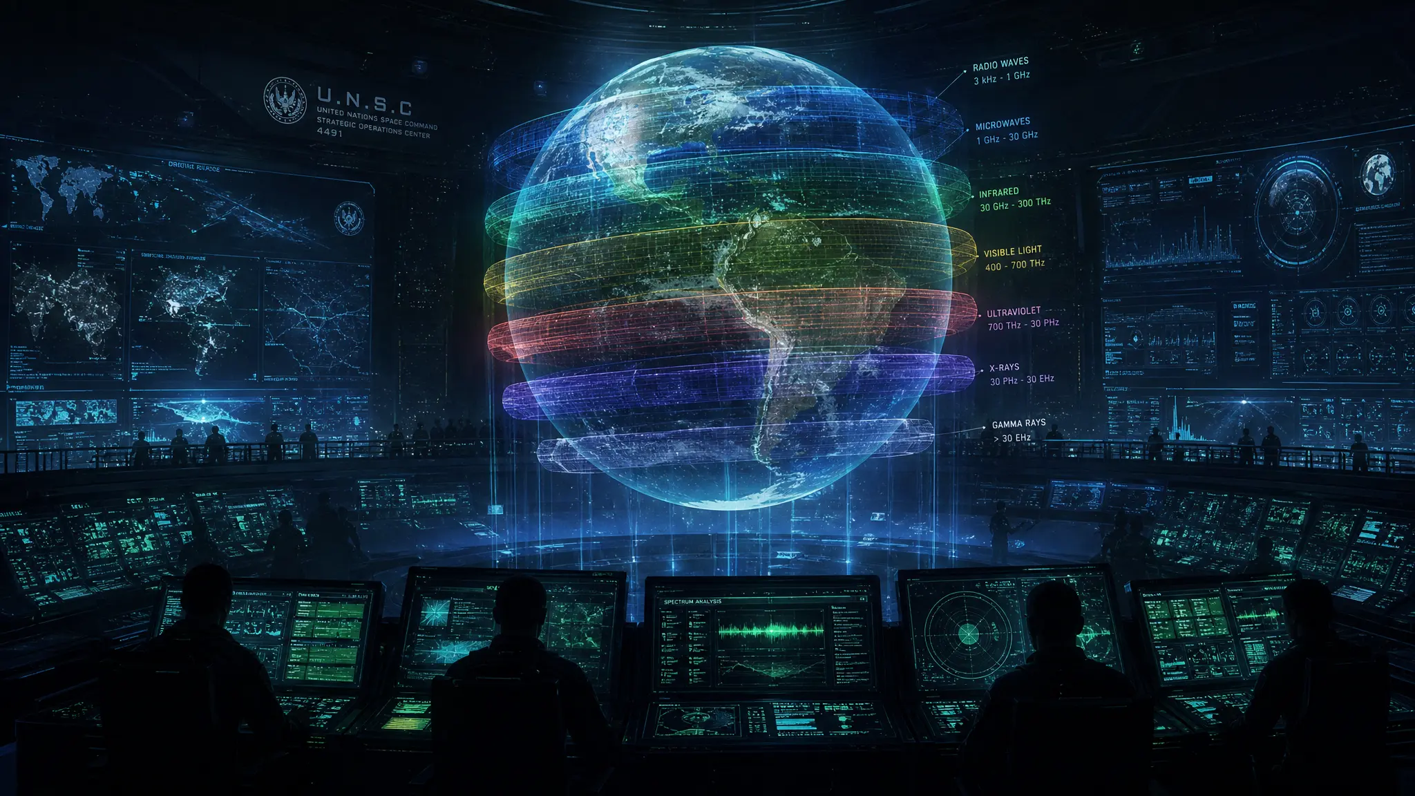Teatro de mando militar con un globo del espectro electromagnético en verde táctico, que representa las operaciones de seguridad nacional en el espectro