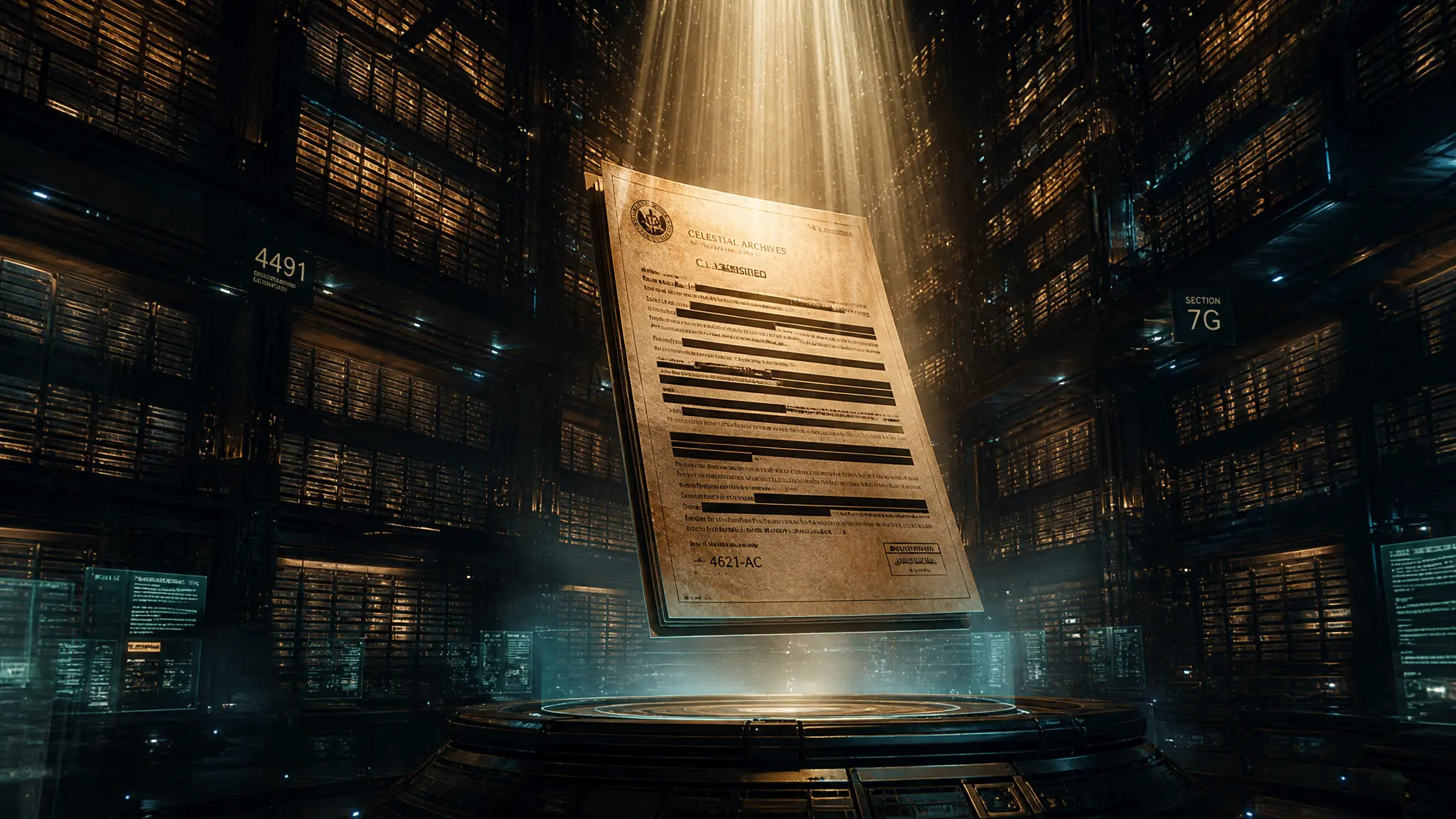 Bóveda de archivo con un documento redactado iluminado por un haz de luz, que representa el registro desclasificado de MKULTRA de la Guerra Fría
