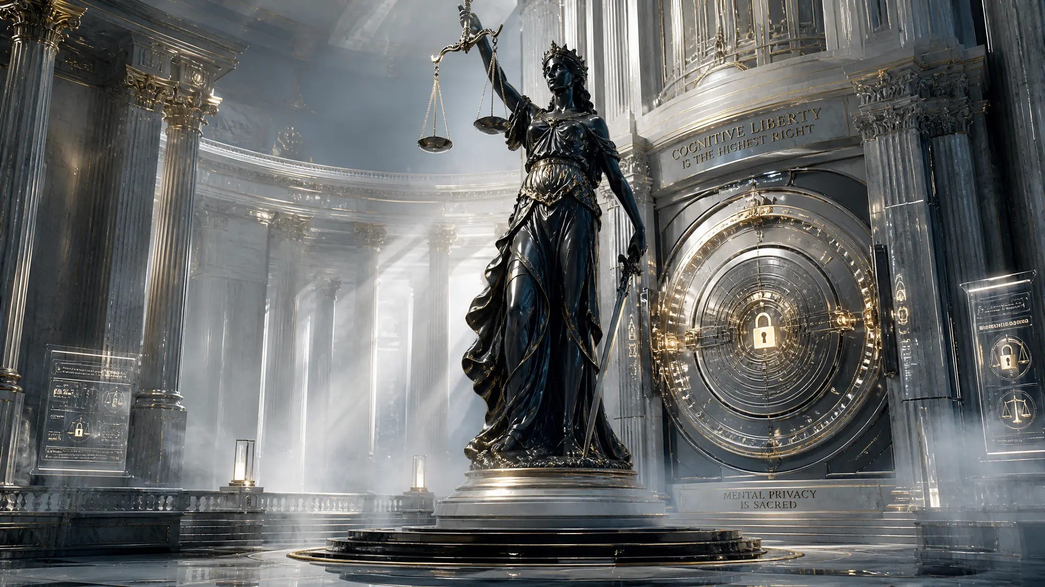 Estatua de la justicia junto a una puerta de bóveda dorada y blanca, que representa los neuroderechos, la libertad cognitiva y la privacidad mental en la ley
