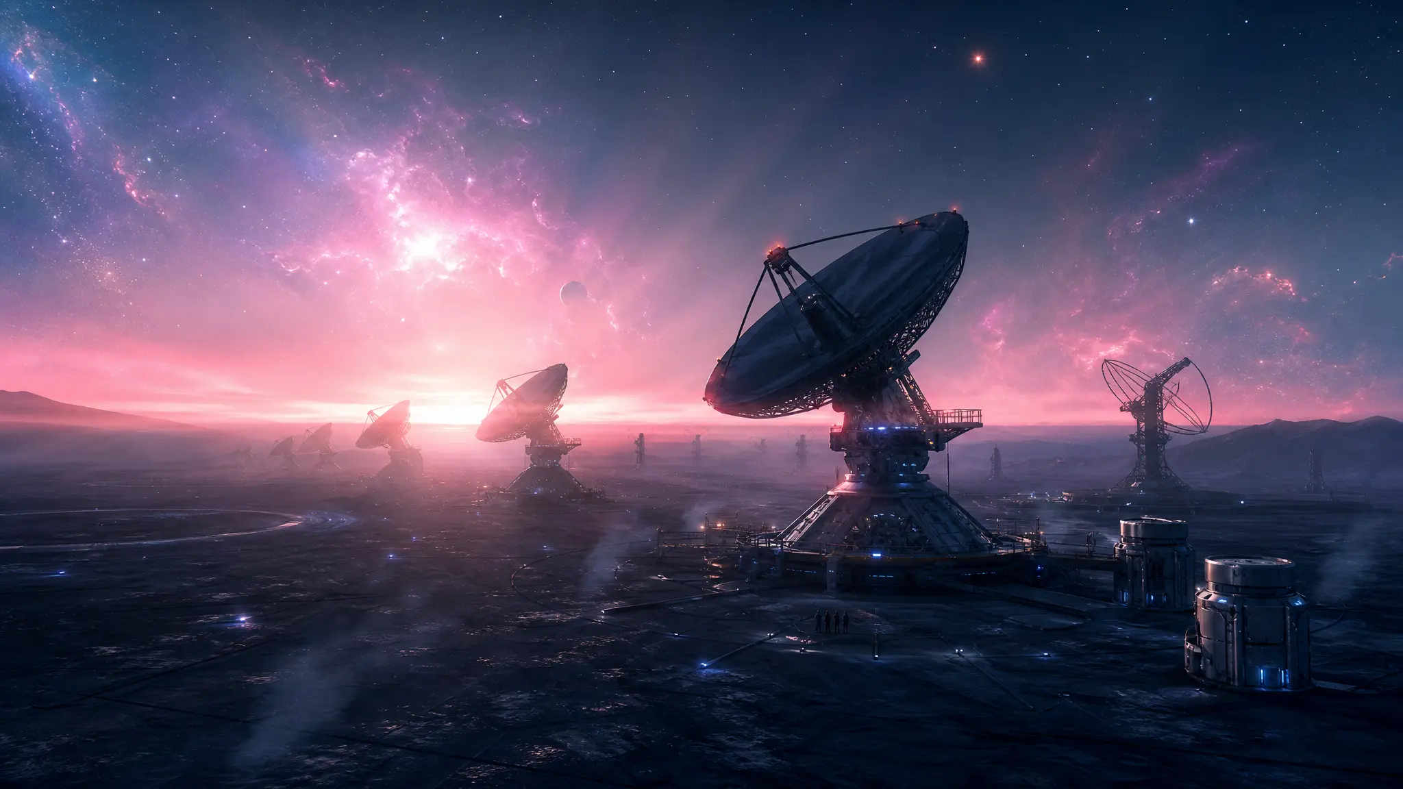 Observatorio al amanecer con tonos rosa y azul sobre un horizonte científico, que representa la agenda de investigación en neurotecnología 2026–2035