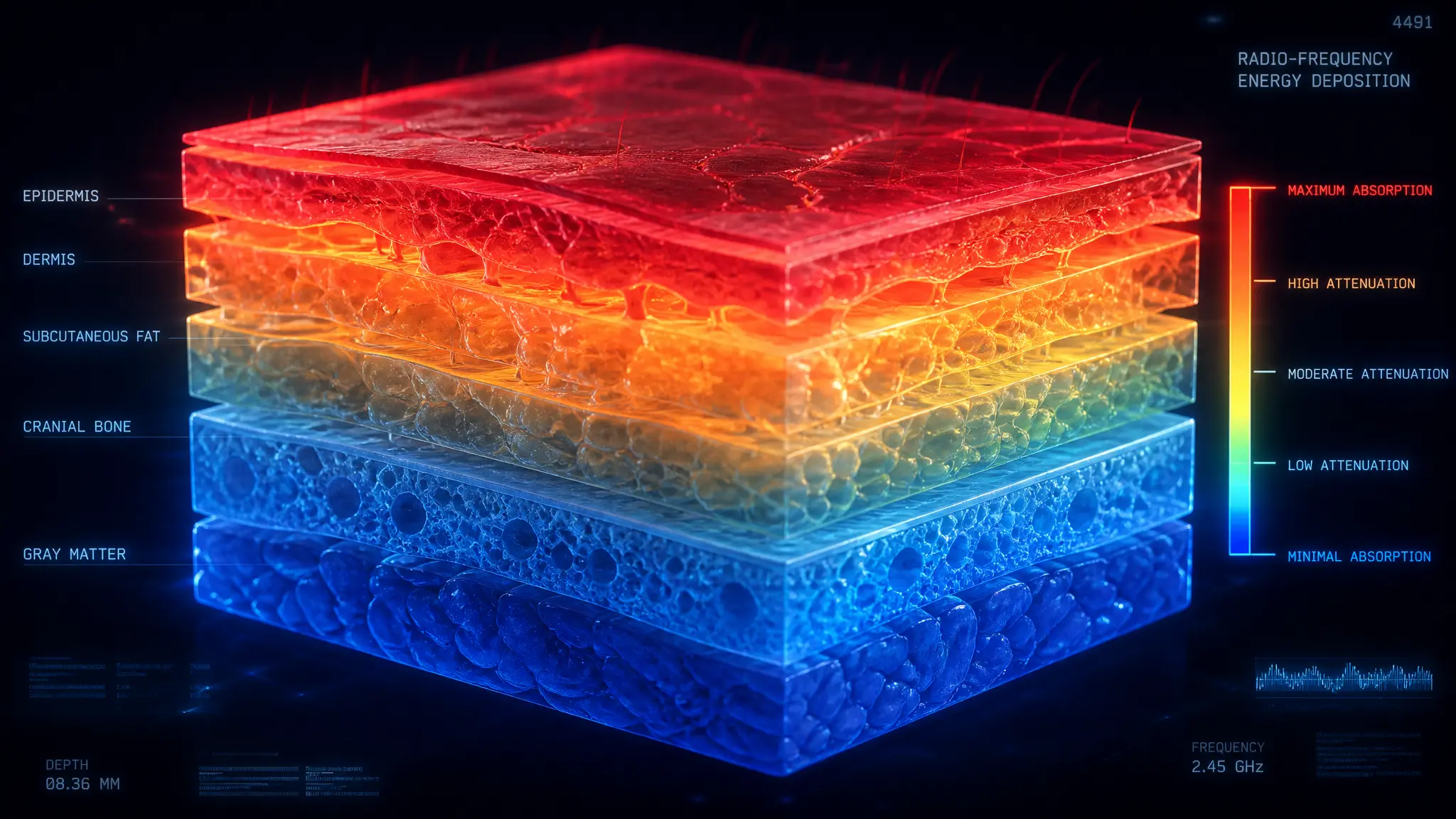 Losas de tejido en capas con un mapa térmico de rojo a azul que representa las propiedades dieléctricas del tejido y la tasa de absorción específica