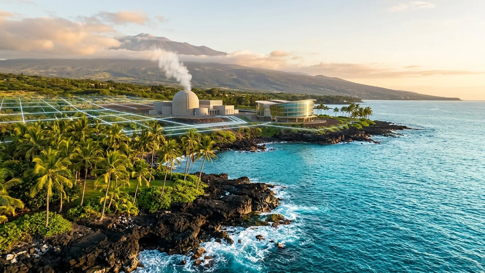 An optimistic, photorealistic vision of the energy future of Hawaii: clean power, efficiency, and lower prices